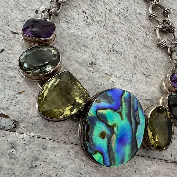 Vintage Multi Gemstone 925 Sterling Toggle Closure Bracelet - Picture 2 of 9